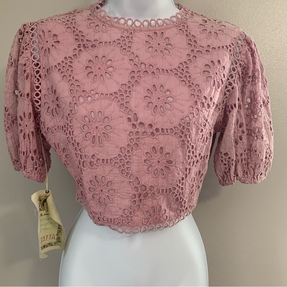 NWT Aratta Lace Crochet Puff Sleeve Crop Top - Dusty Rose - Picture 16 of 16